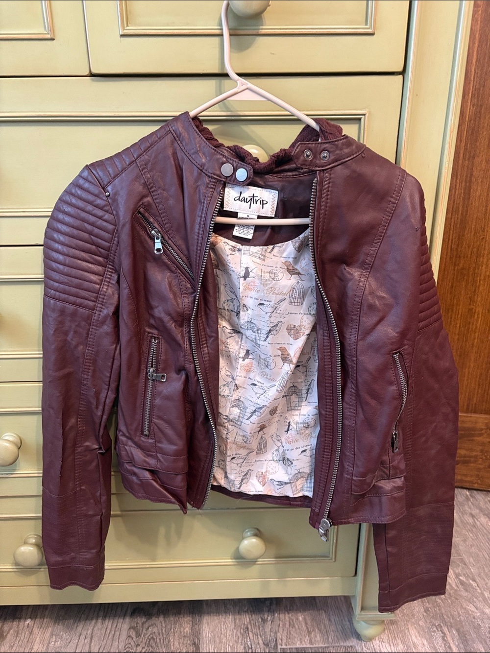 Daytrip Burgundy Faux Leather Moto Jacket with Quilted Shoulders